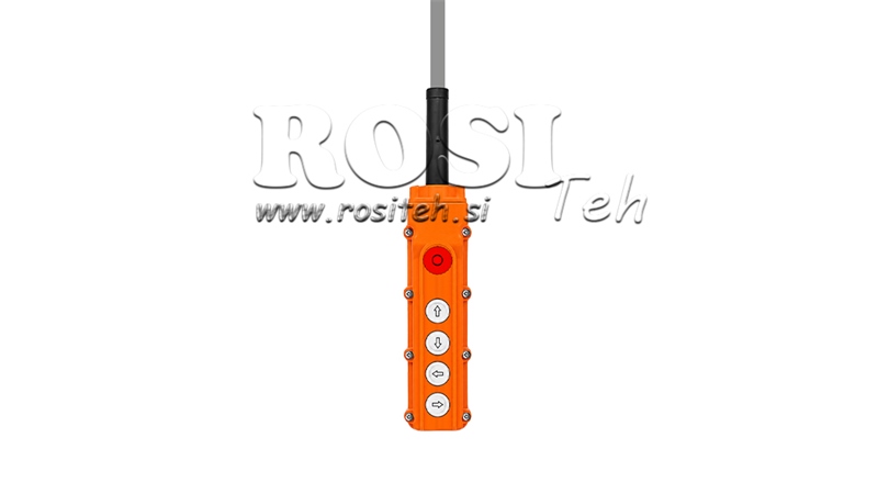 BOITIER DE COMMANDE SUSPENDU 4 BOUTONS + ARRÊT D’URGENCE (DANS UN BOÎTIER AVEC CÂBLE)