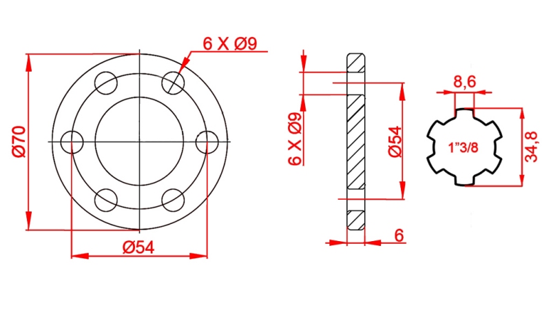 ADAPTATEUR CARDAN AVEC BRIDE 6 TROUS 1-3/8 (90 mm)