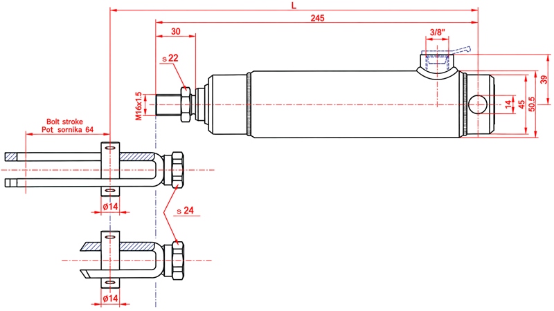 VERIN DE FREIN AVEC RESSORT INTERNE 25/70 MM – AVEC FILETAGE