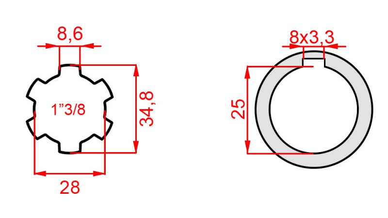 ADAPTATEUR CARDAN 1-3/8 - TROU fi 25 mm (145 mm)