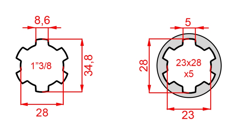 KARDANSKI NASTAVEK iz 23x28x6 (6 zob) na 1-3/8 (140 mm)