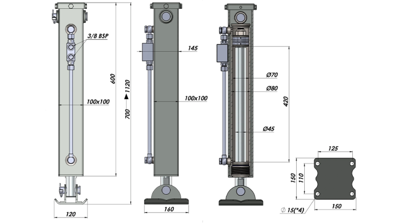 PIED DE SUPPORT HYDRAULIQUE DOUBLE EFFET (100x100x700 mm) - COURSE 420 mm - 5.000 kg