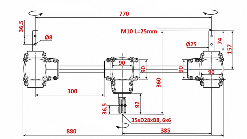 ENSEMBLE DE RÉDUCTEURS 1:1,35 (22HP-16kW) POUR ÉPANDEUR À FUMIER L:770 - ALU
