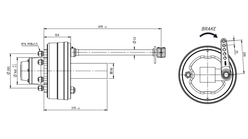 ESSIEU AVEC FREINS 5.250 KG L.290 MM