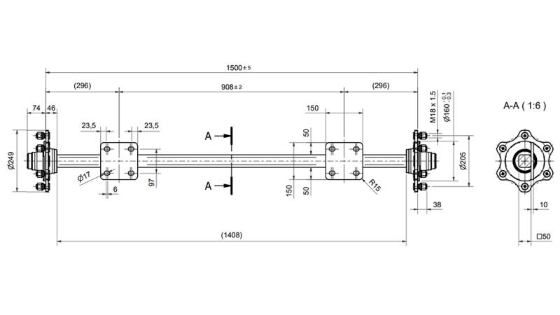 ESSIEU POUR REMORQUE SANS FREINS (6 VIS) - 3300 kg - 1500 mm (AVEC PLAQUE DE MONTAGE)