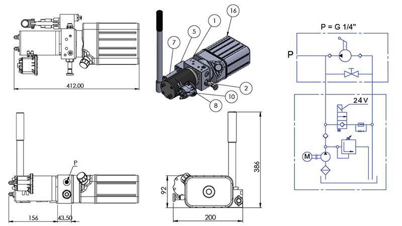 AGGREGAT HYDRAULIQUE MINI 24V CC - 0.8kW = 0.5cc - 1.5 lit - unité monophasée (PVC) avec pompe manuelle