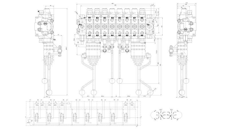 DISTRIBUTEUR HYDRAULIQUE HIAB  8 SECTIONS POUR GRUE AUXILIAIRE DE CHARGEMENT -PC70 AVEC 2 JOYSTICKS EURO A 3 POSITIONS