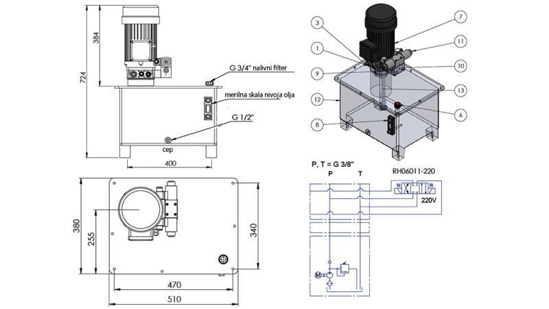 AGGREGAT HYDRAULIQUE MINI 380V AC (4 kW) - 8 cc - 12 lit/min - réservoir 40 lit
