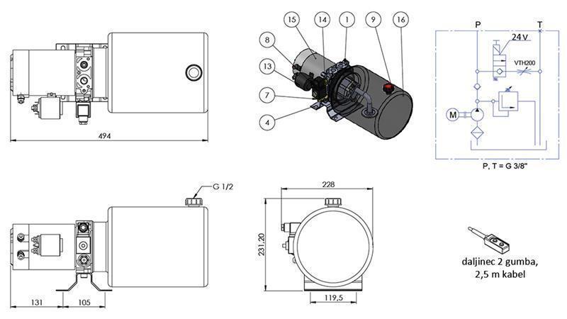 AGGREGAT HYDRAULIQUE MINI 24V CC - 2.2kW = 2.1cc - 8 lit - assemblage à direction unique (métal)