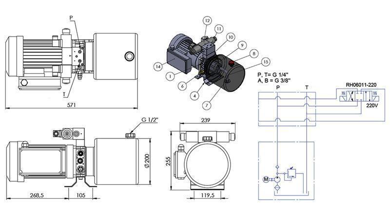AGGREGAT HYDRAULIQUE MINI 230V AC (1.5 kW) - 5.8 cc - 8.2 lit/min - réservoir 6 lit