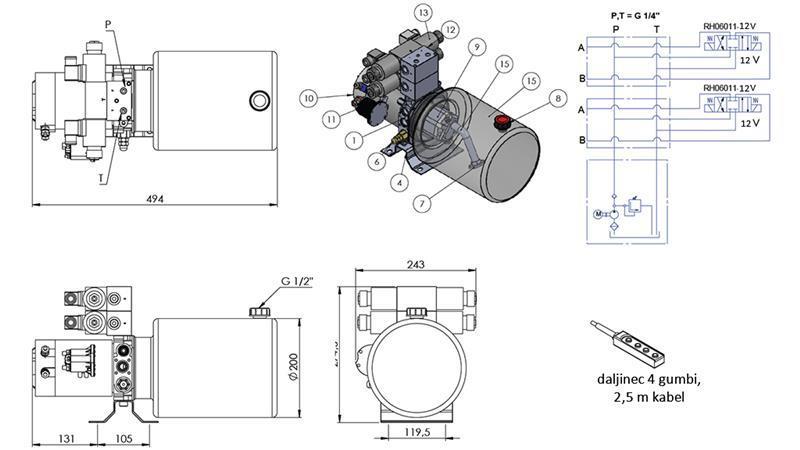 AGGREGAT HYDRAULIQUE MINI 12V CC - 1.6kW = 2.1cc - 8 lit - assemblage bidirectionnel 2x (métal)