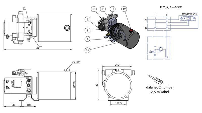 AGGREGAT HYDRAULIQUE MINI 24V CC - 2.2kW = 2.1cc - 8 lit - assemblage à double direction (métal)