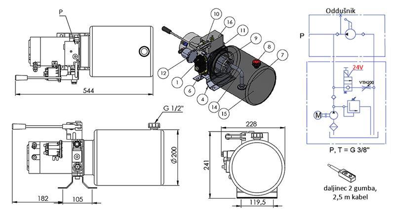 AGGREGAT HYDRAULIQUE MINI 24V CC - 2.2kW = 2.1cc - 8 lit - assemblage à direction unique AVEC POMPE MANUELLE