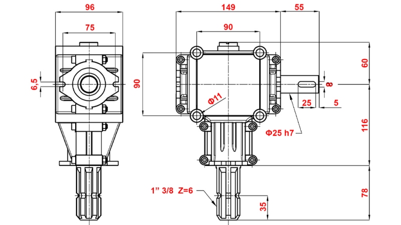 BOÎTE DE VITESSE ANGLE P.T.O 1:1.9 (14HP-10KW)