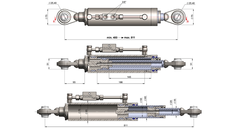 TELESKOPSKA HIDRAVLIČNA POTEZNICA STANDARD - 2 KAT. 480-811mm (45-95HP)(25,4/25,4)
