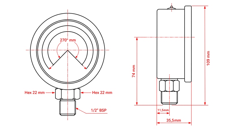 MANOMÈTRE DN100 VERTICAL 0 - 20 BAR - 1/2