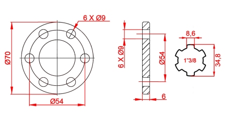 ADAPTATEUR CARDAN AVEC BRIDE 6 TROUS 1-3/8 (90 mm)