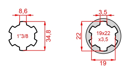 ADAPTATEUR CARDAN DE 21x25x5 (6 CANNELURES) À 1-3/8 (140 mm)