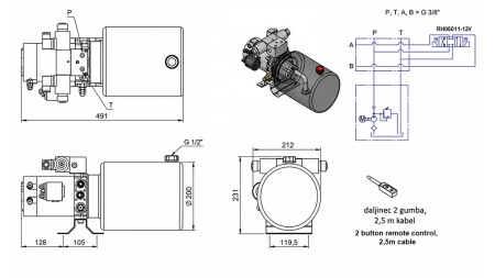 MINI CENTRALE HYDRAULIQUE 12V DC - 1.6kW = 2.1cc - 8 lit - unité bidirectionnelle (métal)