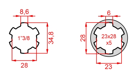 KARDANSKI NASTAVEK iz 23x28x6 (6 zob) na 1-3/8 (140 mm)