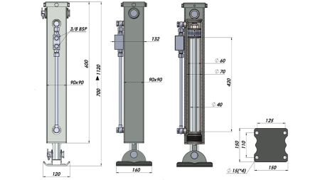 PIED DE SUPPORT HYDRAULIQUE DOUBLE EFFET (90x90x700 mm) - COURSE 420 mm - 2.500 kg