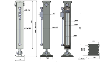 PIED DE SUPPORT HYDRAULIQUE DOUBLE EFFET (100x100x700 mm) - COURSE 420 mm - 5.000 kg