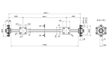 ESSIEU POUR REMORQUE SANS FREINS (6 VIS) - 3300 kg - 1500 mm (AVEC PLAQUE DE MONTAGE)