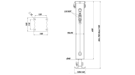 PATTES HYDRAULIQUES DOUBLE ACTION 2.5 TON 420MM (90X90X600)