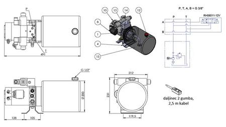 AGGREGAT HYDRAULIQUE MINI 12V CC - 1.6kW = 2.1cc - 8 lit - assemblage à double direction (métal)
