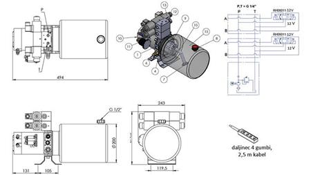 AGGREGAT HYDRAULIQUE MINI 12V CC - 1.6kW = 2.1cc - 8 lit - assemblage bidirectionnel 2x (métal)