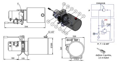 AGGREGAT HYDRAULIQUE MINI 24V CC - 2.2kW = 2.1cc - 8 lit - assemblage à direction unique AVEC POMPE MANUELLE