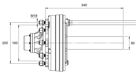 DEMI-ESSIEU AVEC FREINS - 4400 kg (6 VIS) - 340 mm
